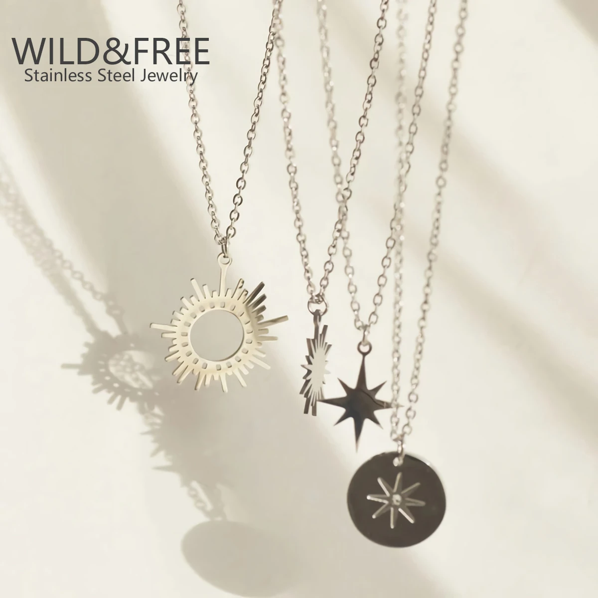 Wild&Free New Fashion Sun & Star Pendant Necklace For Women Stainless Steel Silver Color Simple Round Geometric Charm Necklaces