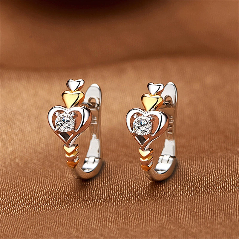 Elegant Love Heart Wedding Earrings Charm Female White Round Crystal Earrings Vintage Gold Color Small Hoop Earrings For Women