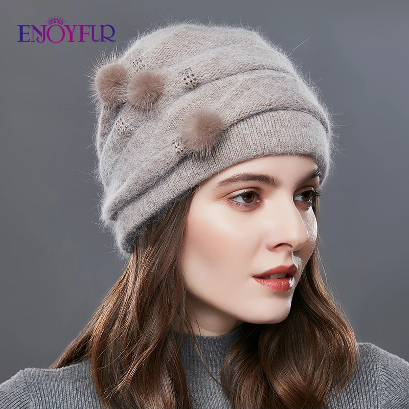 ENJOYFUR women winter cashmere knitted hats natural mink pompom stripe girl bonnet fashion warm female outdoor new brand beanies