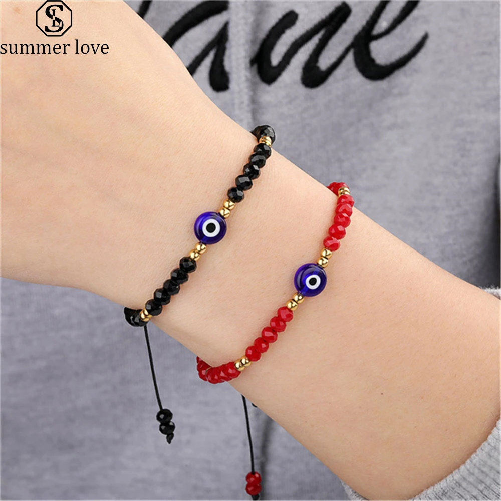 Lucky Evil Nazar Eye Bracelet Handmade Waterproof Rope Stainless Steel Bead Crystal Bracelets for Women Emo Jewelry