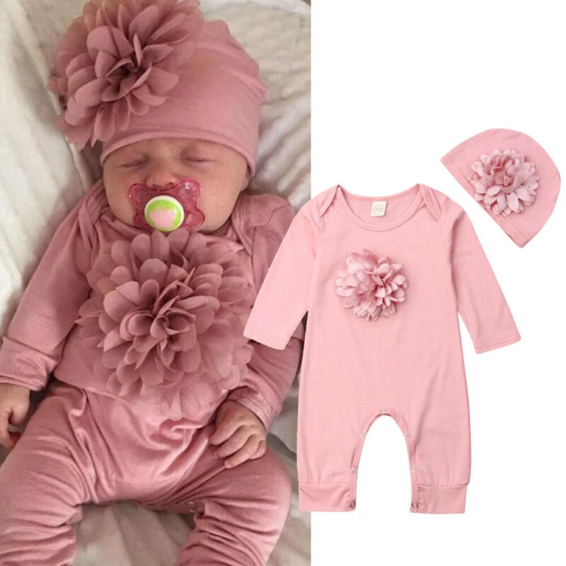 0-18M 2PCS Newborn Baby Girl Clothes 3D Flower Romper Jumpsuit Hat Outfit Set