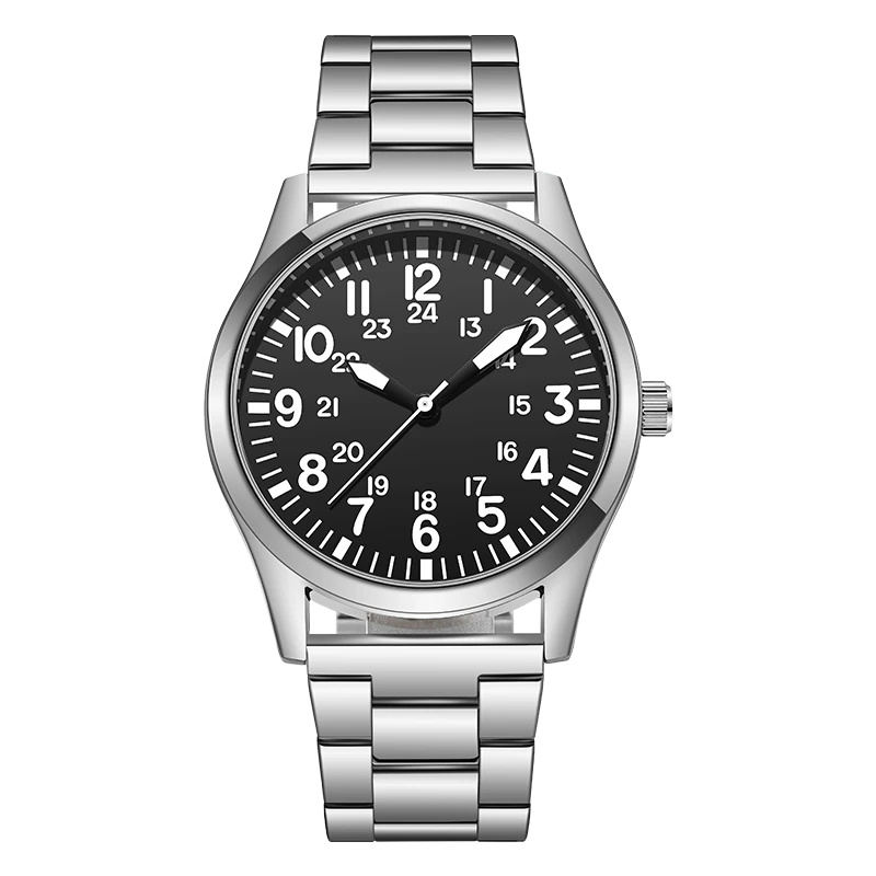 Pilot Style Watch Arabic Numbers Stainless Steel Strap Quartz Relogio Masculino Wristwatch Easy Reading Classic