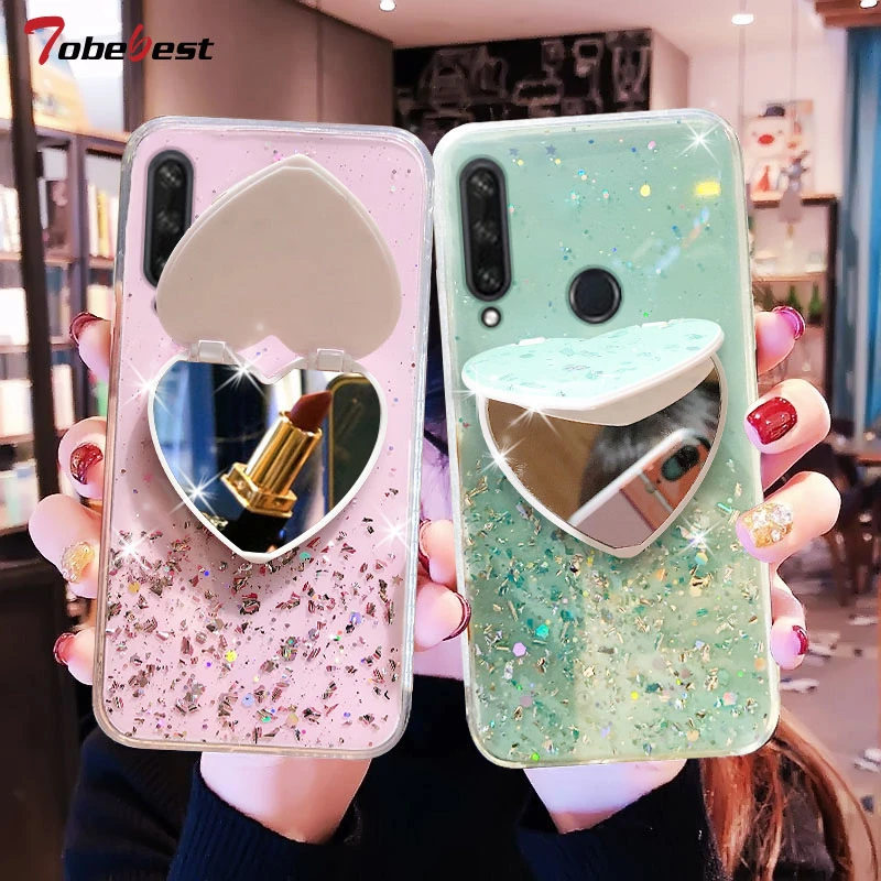 Heart Mirror Sequins Glitter Phone Case For Huawei Y6P Y5P Y7P Y8S Y7A 2020 Y9 Y7 Y6 Y5 Prime 2019 Soft Silicone Cover