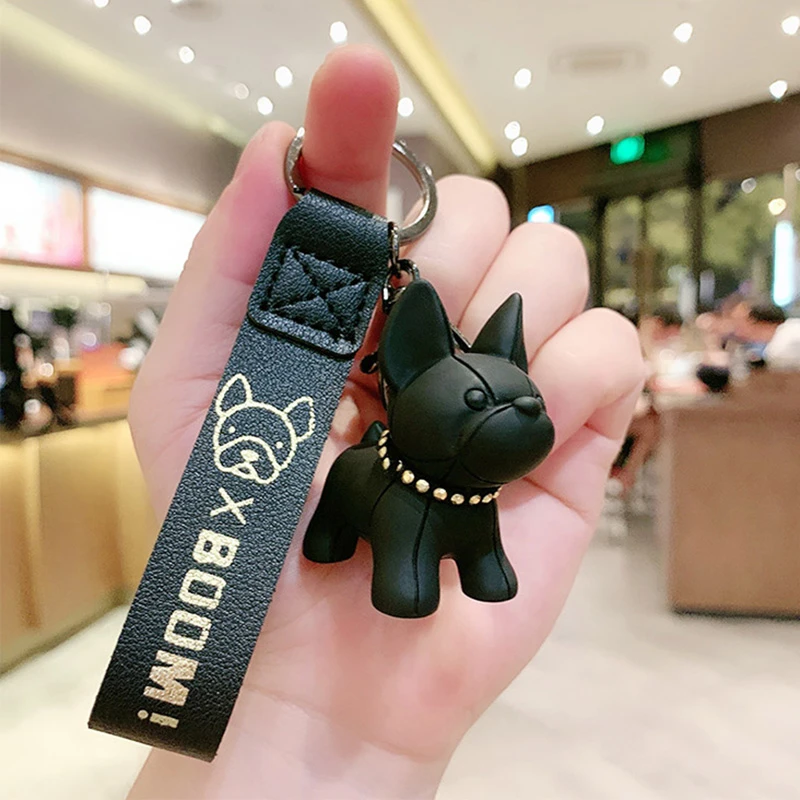 Cute French Bulldog Keychains PU Leather Rope Key Rings Punk Style Pendant Dog Keychains For Women Child Men's Car Key Chain