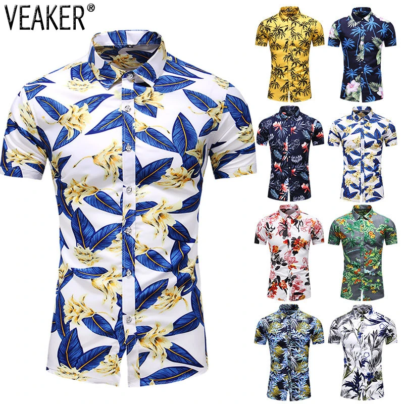 2021 New Men's Slim fit Floral Printed Shirts Male Casual Short Sleeve Hawaiian Beach Flower Basic Tops Plus Size M-7XL