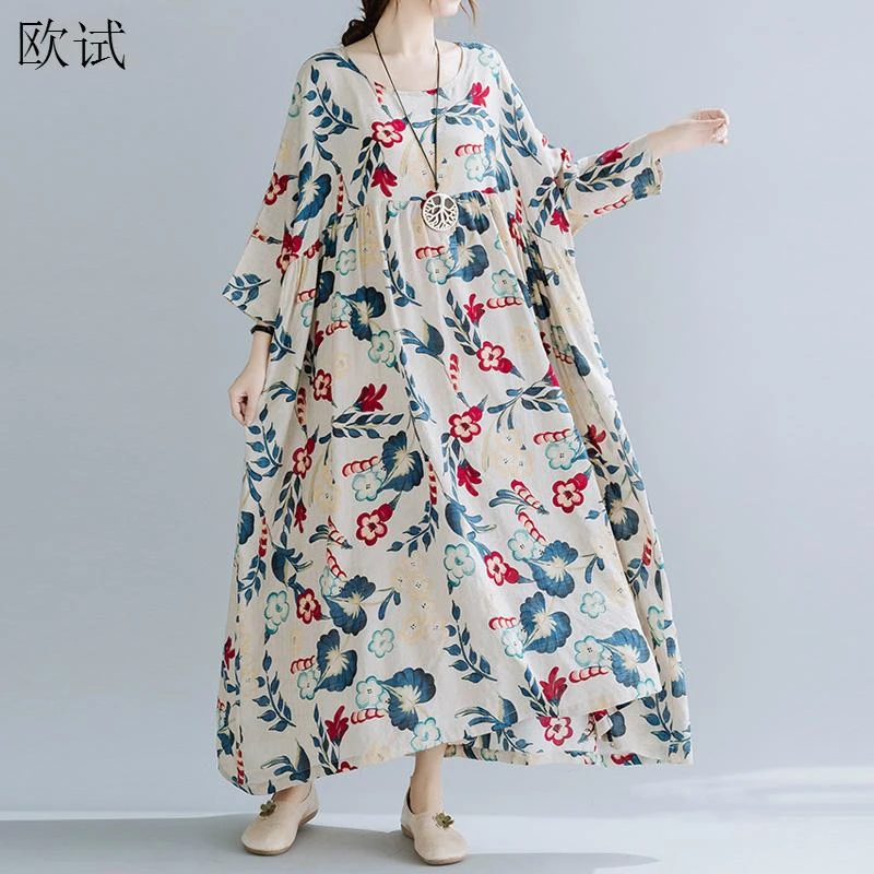 Oversized Ladies Dresses for Women Cotton Floral Summer Beach Dress Woman 2021 Oversize Long Dress Robe Femme