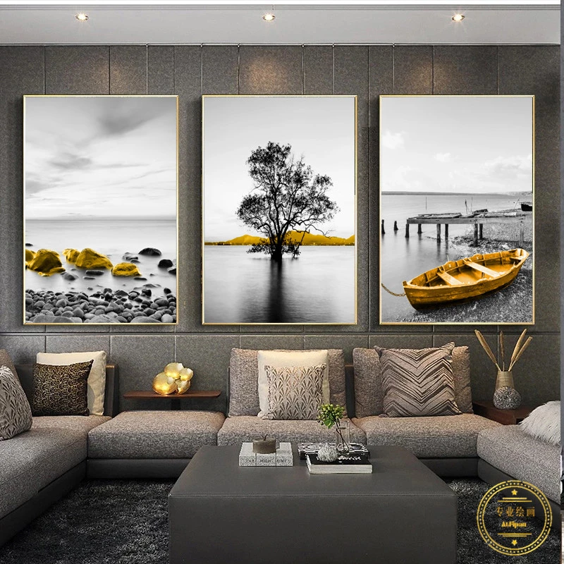 Yellow Retro Seaside Scenery Poster Fishing Nordic Boat Seascape Interior Painting Wall Art Canvas Picture for Modern Home Decor