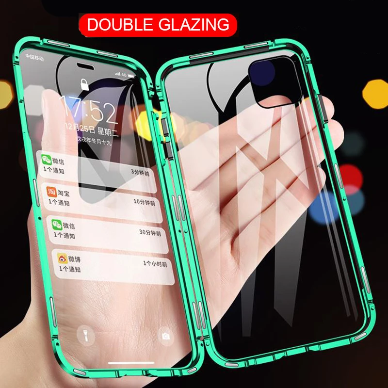 360 Magnetic Adsorption Metal Case For iPhone 12 11 Pro XS Max XR Double-Sided Glass Case For iPhone 7 8 6s Plus SE Magnet Cover