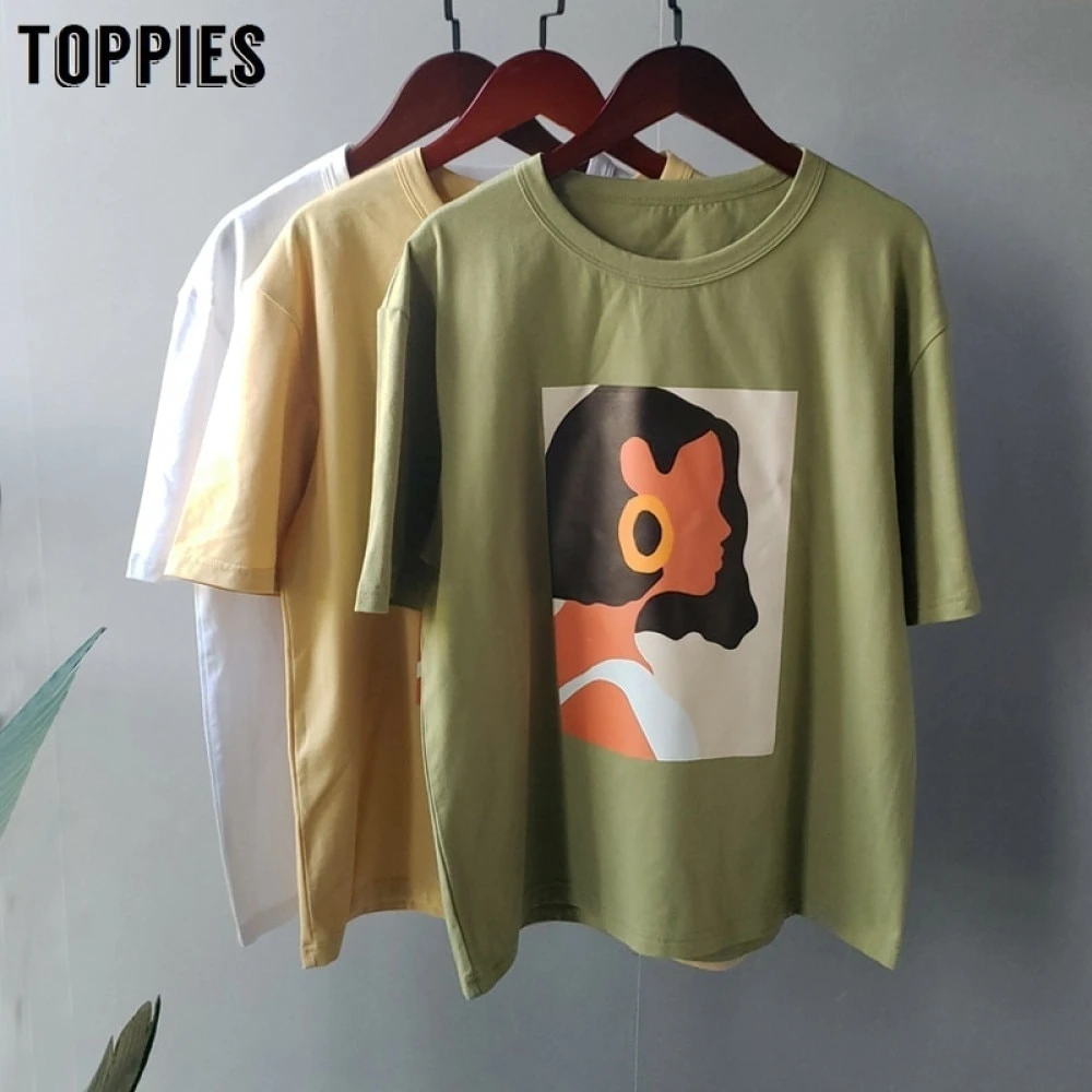 Toppies 2021 summer character t-shirts fashion girls tops short sleeve printing t-shirts Korean women clothes 95% cotton