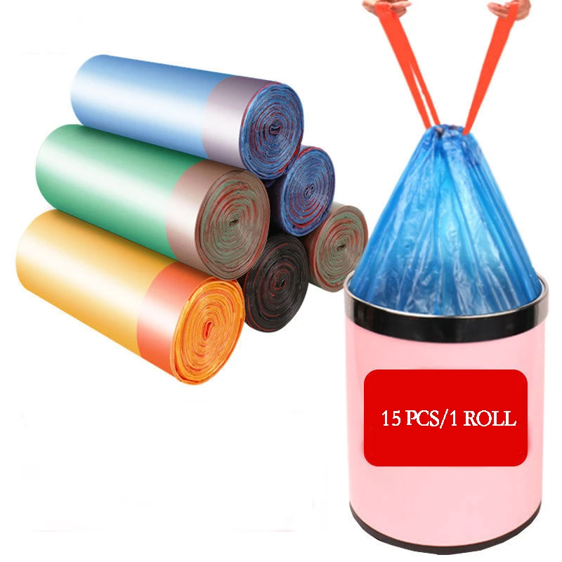 1Roll  High Quality Trash Bags Garbage Bag Storage Kitchen Garbage Box 15pcs/roll Household Disposable PE Drawstring Handles