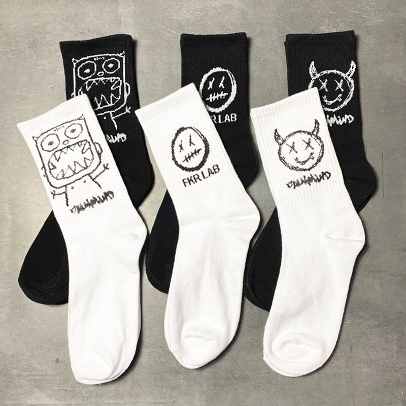Japanese Cotton Cartoon Pattern Hip Hop Style Breathable Mid Tube Socks Skateboard Socks 1 Pair Soft Long Sock For Men