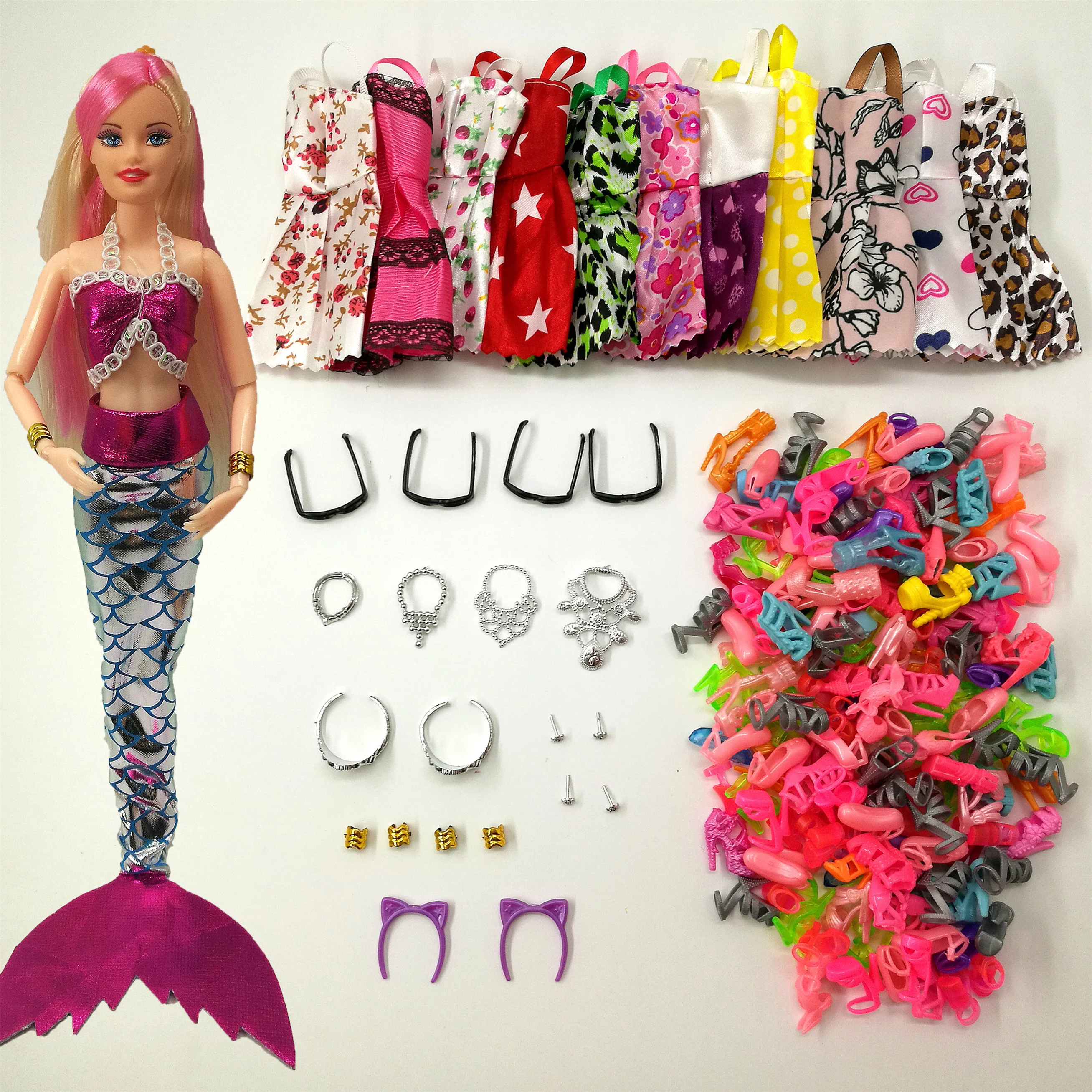 33 Item/Set Doll Accessories = 8Pcs Shoes + 4 Necklace 4 Glasses 1 Mermaid Tail Dress + 8 Pcs Doll Dress Clothes for Barbie Doll