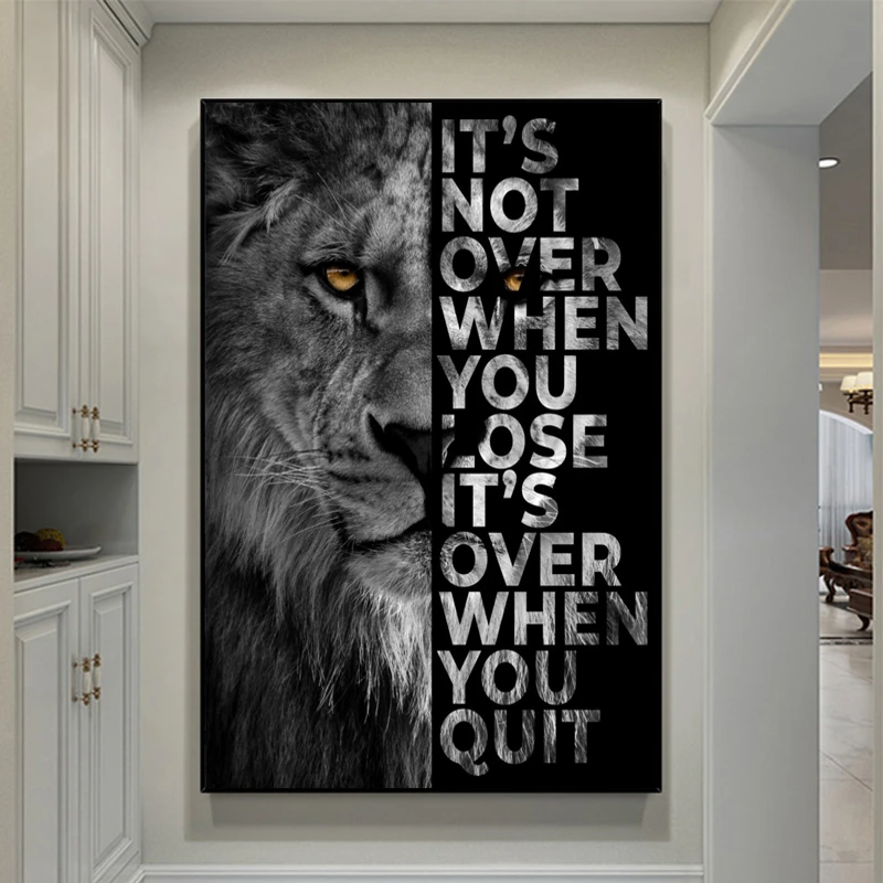 Animal Wall Decor Painting Lion Poster Its Over When You Quit Insparing Phrase Canvas Prints for Home Office Wall Decor