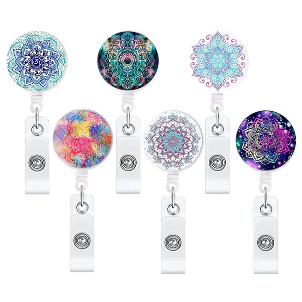 Mandala Flower Retractable Doctor Nurse Badge Reel Fashion ID Badge Holder With 360 Rotating Alligator Clip