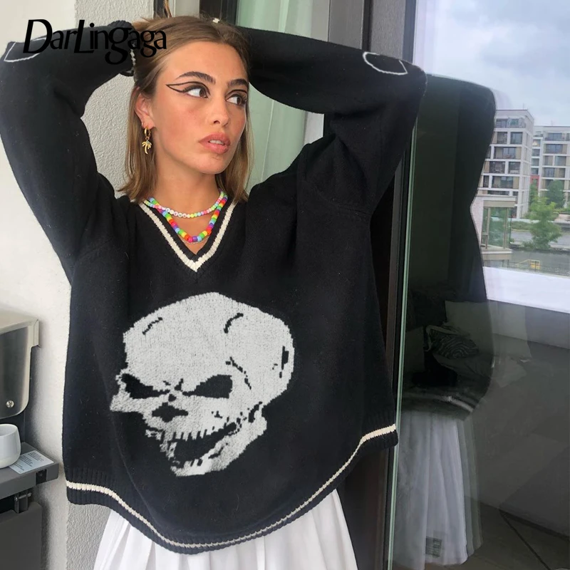 Darlingaga Harajuku Skull Print Y2K Loose Autumn Winter Sweater Women Pullovers Casual Knitwear Jumpers 2020 Korean Sweaters New