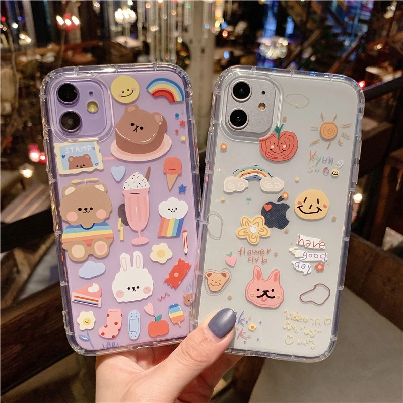 Shockproof Cute Rabbit Bear Phone Case For iPhone 13 12 11 Pro X XS Max XR Clear Cartoon Cover For iPhone 7 8 Plus Soft TPU Case