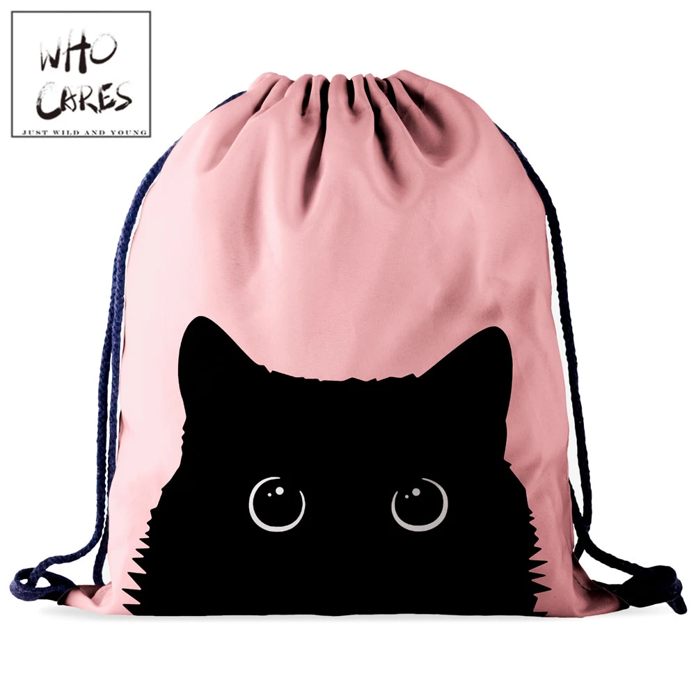Who Cares Drawstring Bag Gym Pouch Bag Pink 3D Printing Cat Backpack Women Portable Shopping Fashion School Shoe Bag For Girl