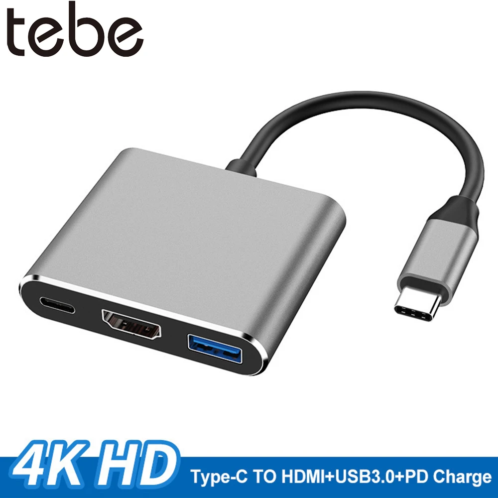 tebe Type-c HUB USB C To HDMI-compatible 3 IN 1 Converter Head 4K HDMI USB 3.0 PD Fast Charging Smart Adapter For MacBook