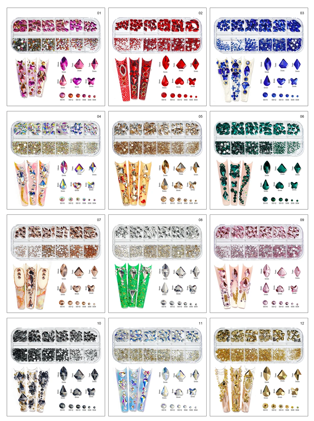 AB Crystal Nail Art Set:60pcs (6 shapes,each 10pcs) Nail Art Glass decoration Gems; K9 Nail Rhinestone(SS4,SS6,SS8,SS10,S12,SS16