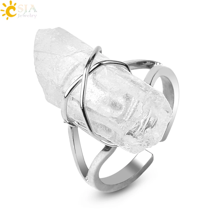 CSJA Irregular Natural Stone Open Rings Crystal Pillar Silver-color Wire Wrapped Finger Ring for Women Trendy Jewelry Party G455