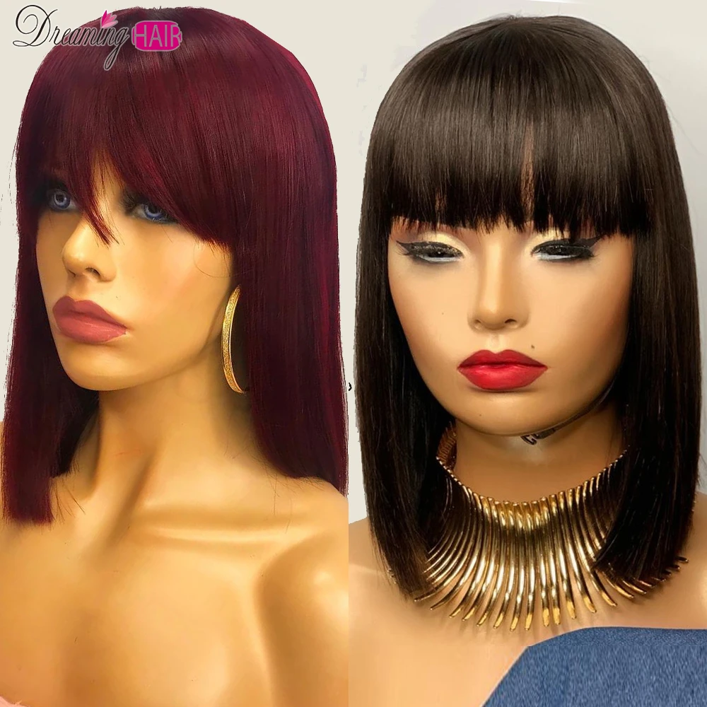 99J Red Color Pixie Short Cut Bob Wigs With Bangs Brazilian Straight Non Lace Front Human Hair Wigs For Black Women Natural hair