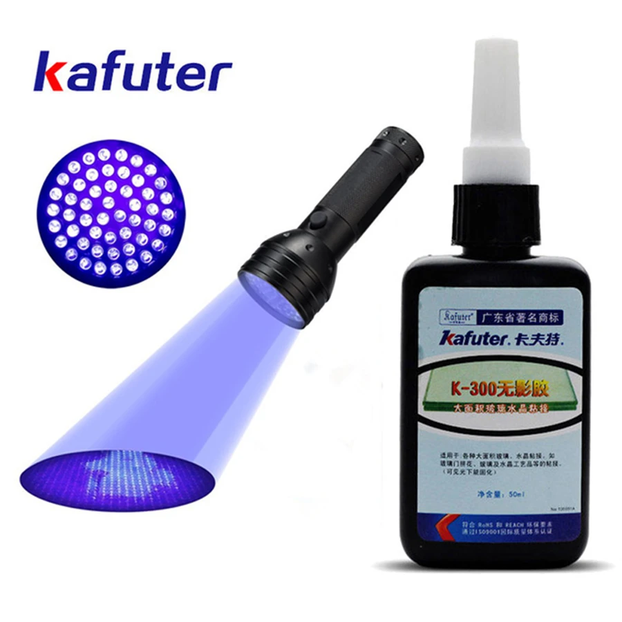 Kafuter K-300 50ml Transparent UV Glue UV Curing Adhesive Crystal and Glass Adhesive with 51 LED /9 LED UV Flashlight