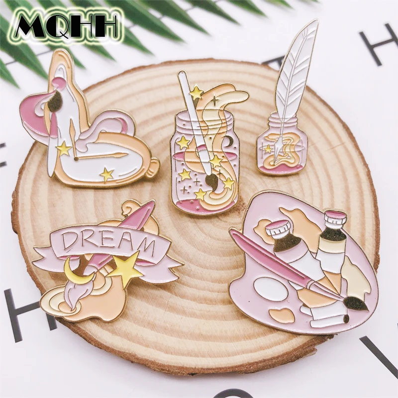 Cartoon cute sweet pink drawing board paint brush paint enamel brooch alloy badge clothes bag pin woman jewelry gift For friends