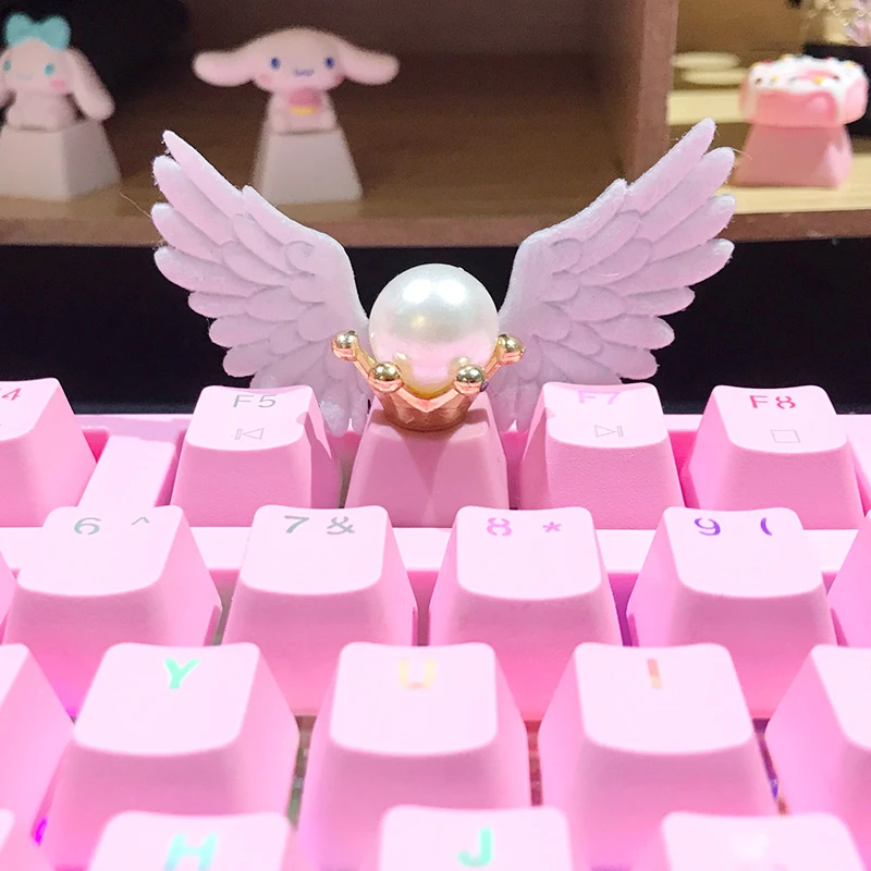 Key Cap Personalized Keycap Beautiful Girl Angel Wings Pink Light Transparent Cute Girl Cross Axis Mechanical Keyboard Animation