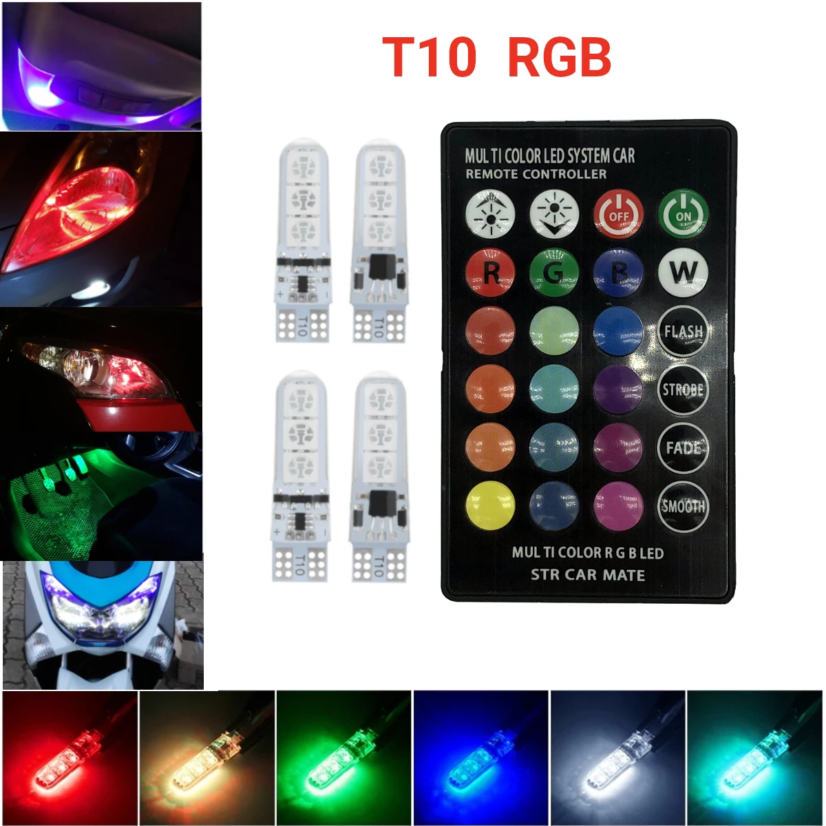 T10 W5W Silicone RGB 5050 6SMD LED Side Wedge Light Dome Reading Bulb Flash Decoration Lights Remote Control for Car Motorcycle