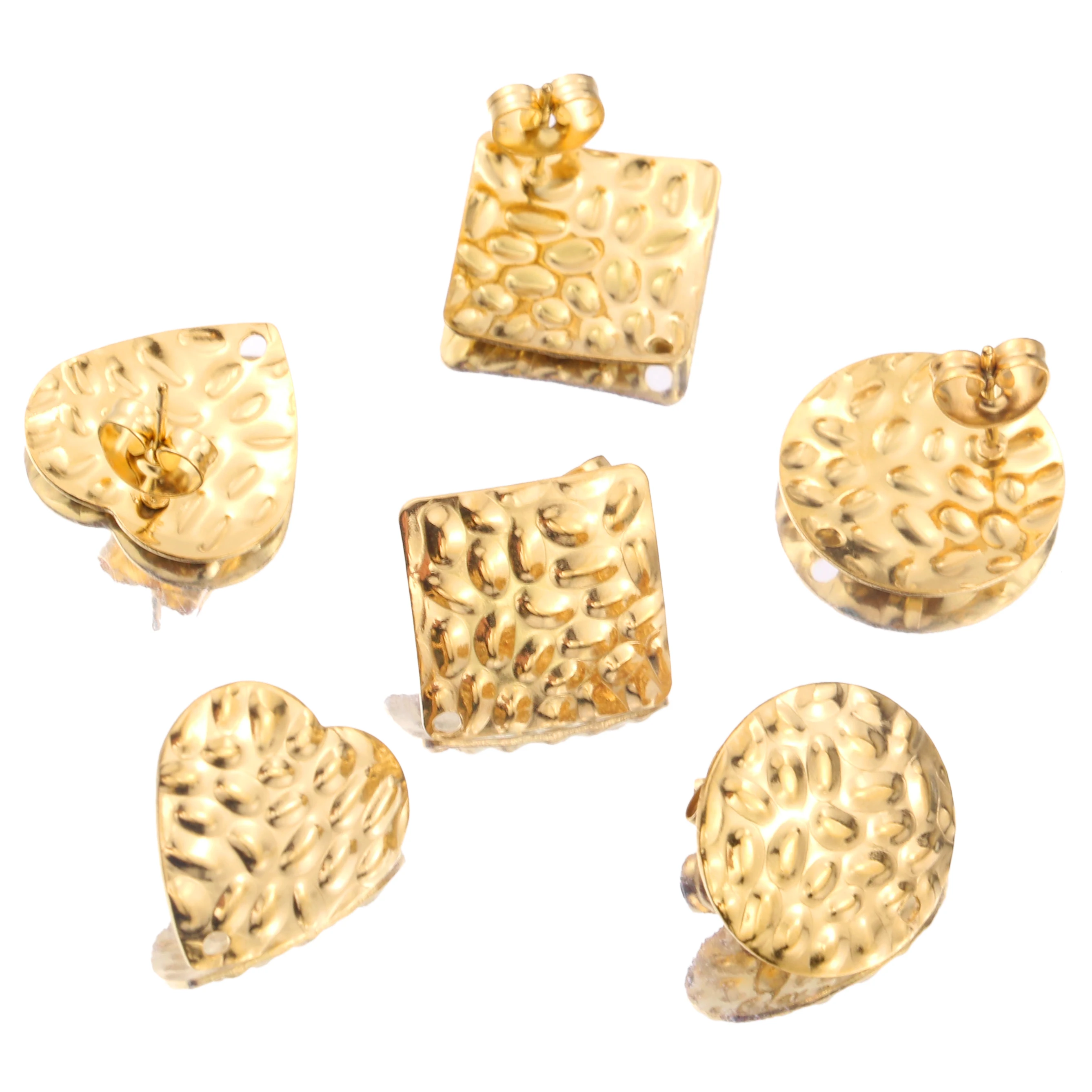 10pcs Stainless Steel Gold Bump Round Heart Square Stud Earring Ear Base for DIY Hand Made Earrings Jewelry Making Supplies