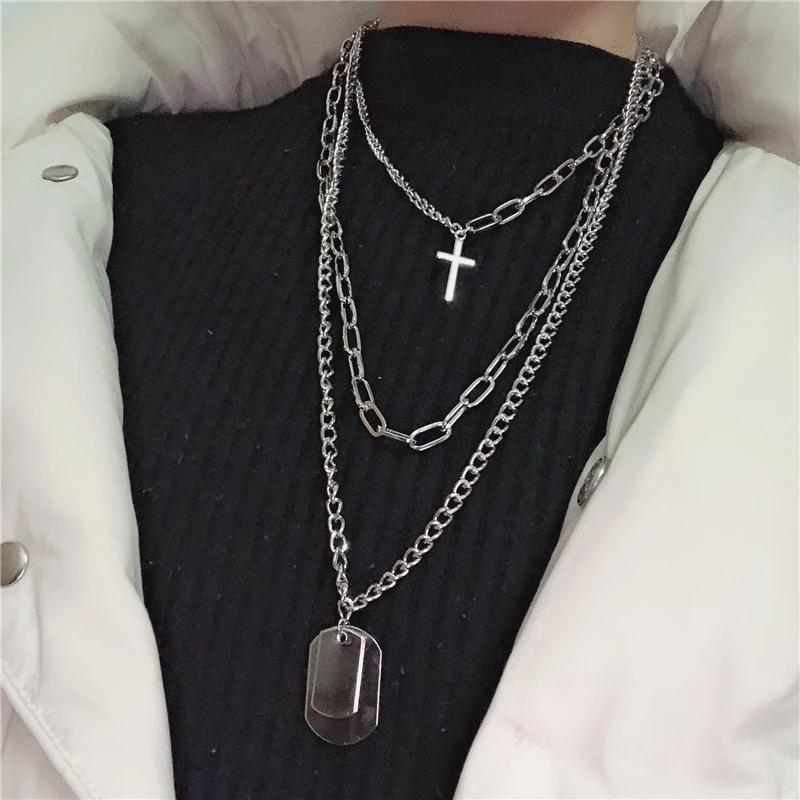 DIEZI Fashion Multilayer Silver Color Metal Chain Cross Necklace Couple Hip Hop Punk Geometric Pendant Necklaces for Women Men