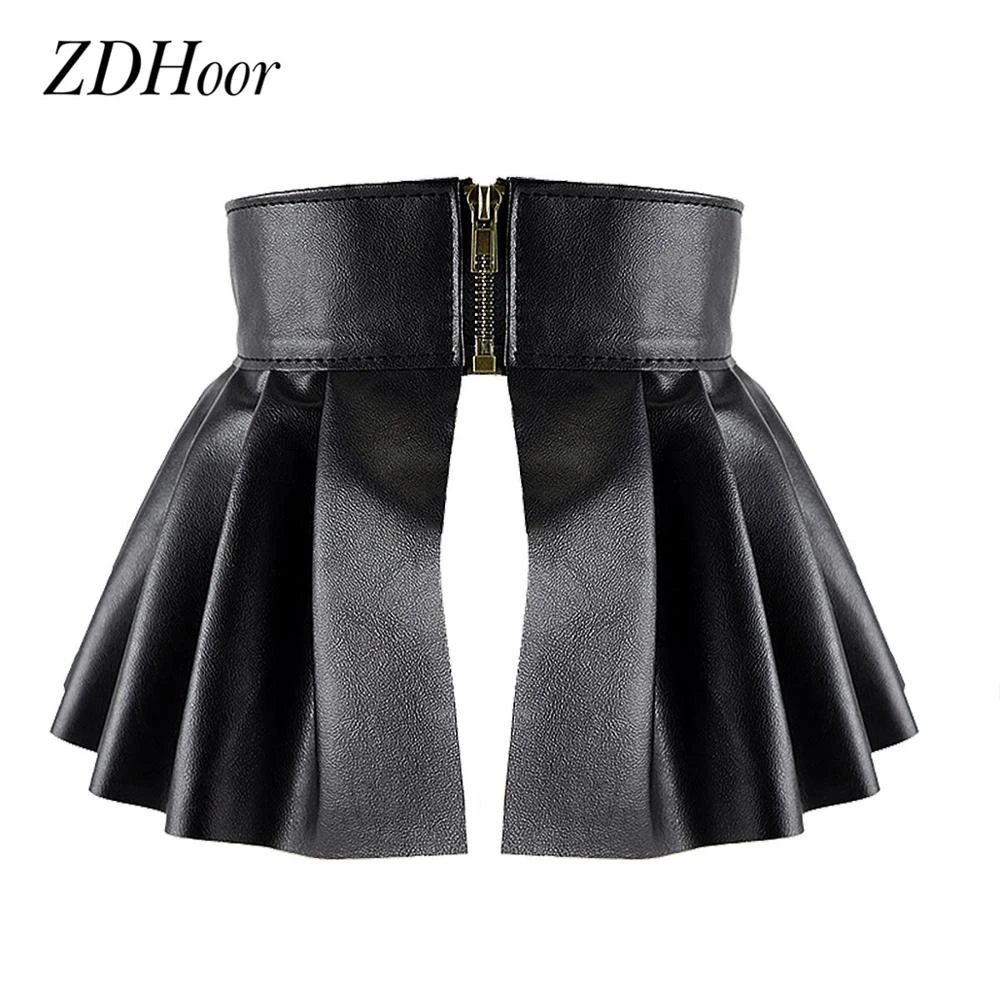 Women Ladies Fashion PU Leather Elastic Wide Waistband Classic Stretch Pleated Skirt Peplum Cinch Belt A-line Skirt Belt