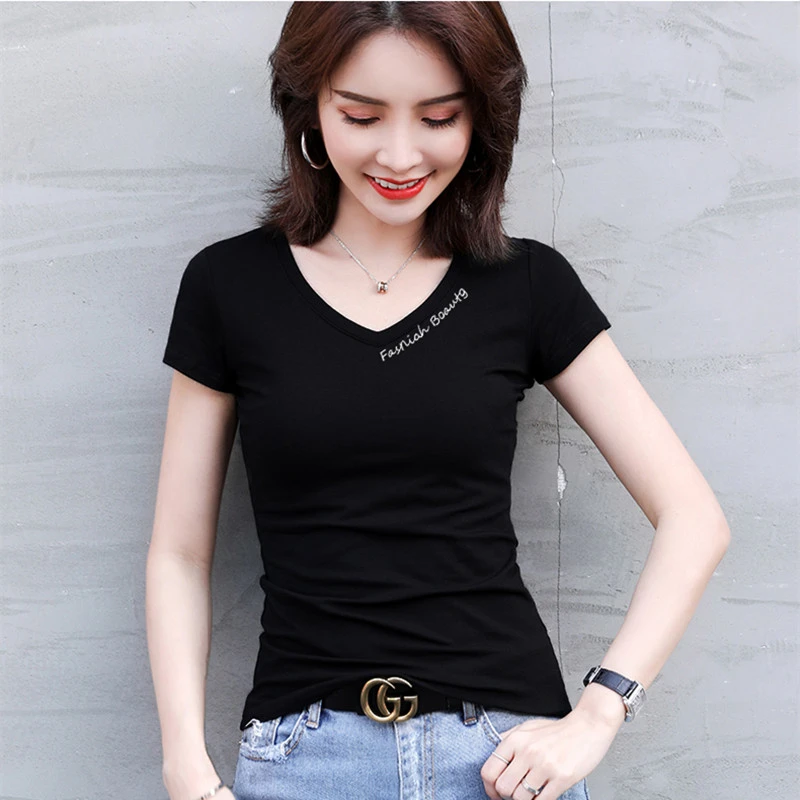 Fashion Summer Top 2021 Women V Neck T Shirt Slim Fit Stretch Cotton T-Shirt Chic Short Sleeve Tees Bottom Shirt Emboridery Top