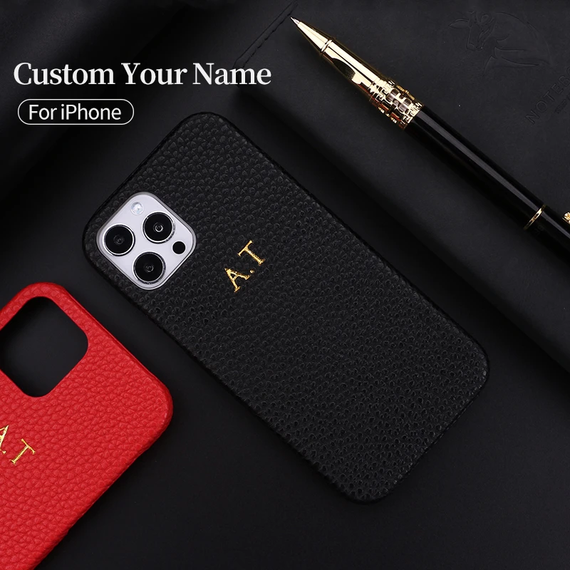 Personalization Custom Initial Name Pebble Grain Leather Phone Cover For iPhone 12 11 13 Pro X XR XS Max 78 Plus DIY  Phone Case