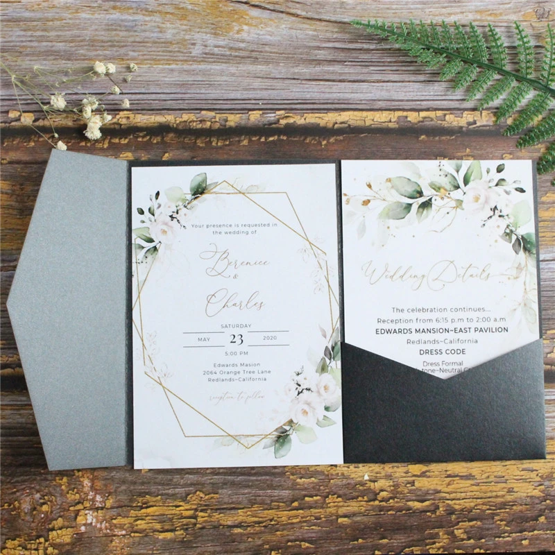 Black Wedding Invitation Card Tri-Fold Pocket Shimmer Country Party Invites Personalized Design Multi Colors