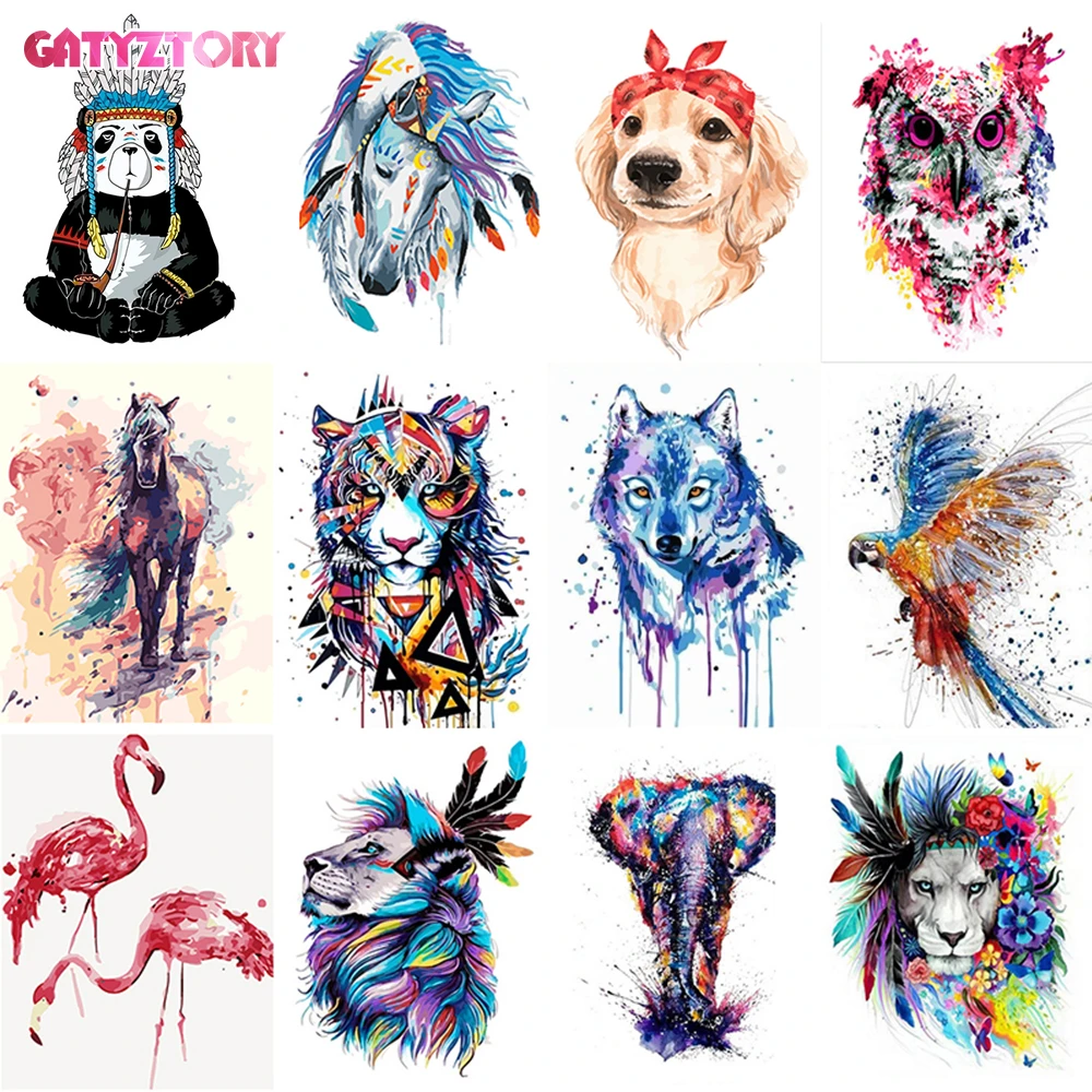 GATYZTORY diy oil colorful animals painting by numbers with frame for adults acrylic paint kits pictures by numbers for bedroom