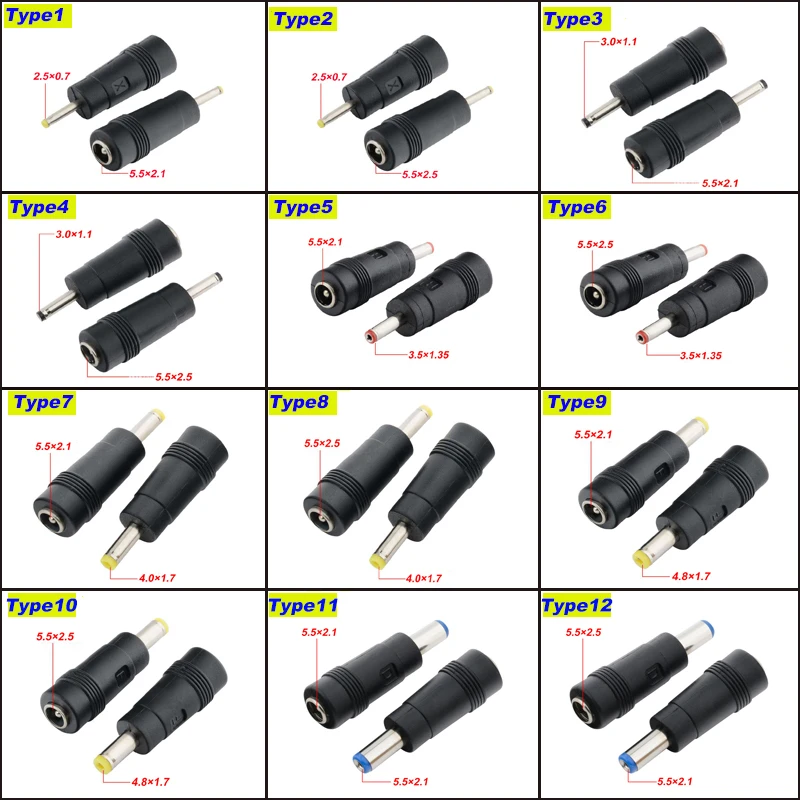 1pcs DC Connector 5.5 x 2.1/5.5×2.5mm Female to 2.5×0.7、3.0×1.1、3.5×1.35、4.0×1.7、4.8×1.7、5.5×2.1mm Male Laptop Power Adapter