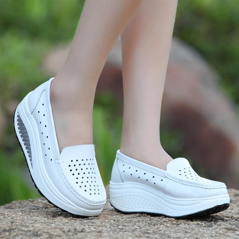Genuine Leather Women Fashion Sneakers Leather Shoes Rocking Shoes Swing Platform Wedges Shoes Loafers