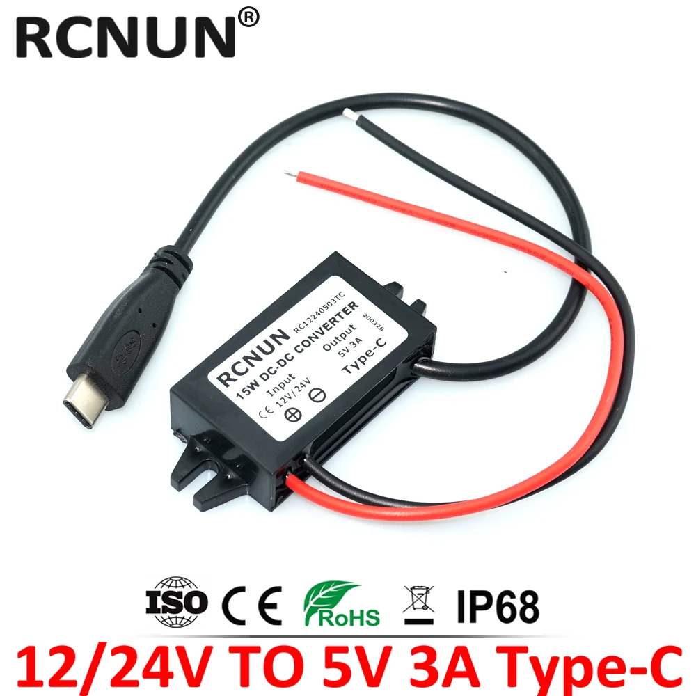 RCNUN 8-32V 12V 24V to 5V 3A DC DC Step Down Converter 15W Type-C USB Buck Power Supply Charger for Mobile Phone iPad Charging