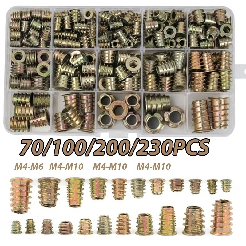 230/200/100/70PCS Assorted Flanged Hex Drive Head Furniture Nuts M4 M6 M8 M10 Zinc alloyl Thread For Wood Insert Nut