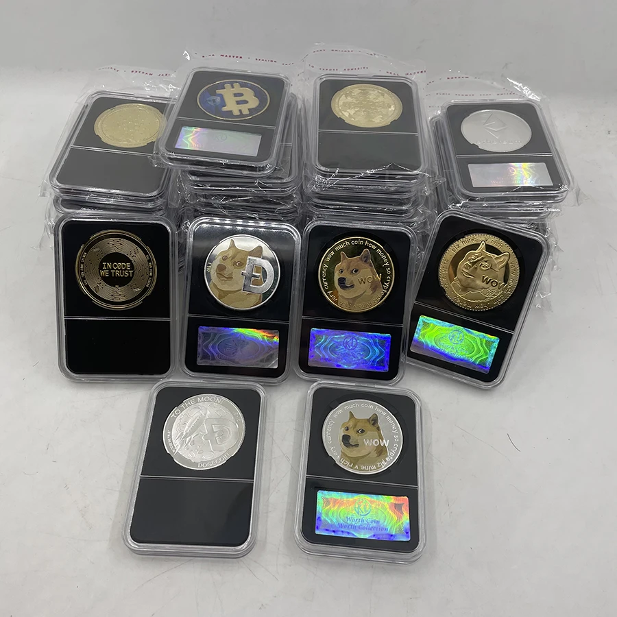 36 type Dogecoin/Bitcoin/ETH/Litecoin/Dash/Ripple/Monero/EOS Metal Physical Silver/Gold Ada Cardano Coin with Black Acrylic Case