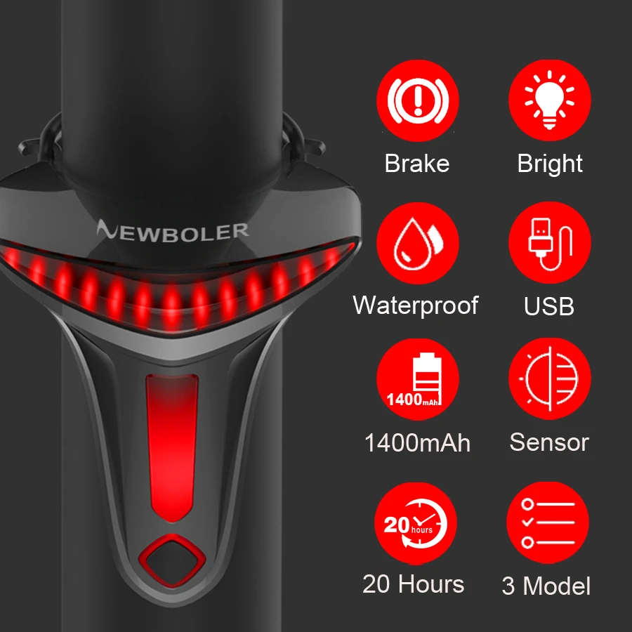 NEWBOLER Sensoring Brake Bicycle Tail Light Auto Star Stop USB Bike Lights LED Cycling Taillight Flashlight For Bike Accessories