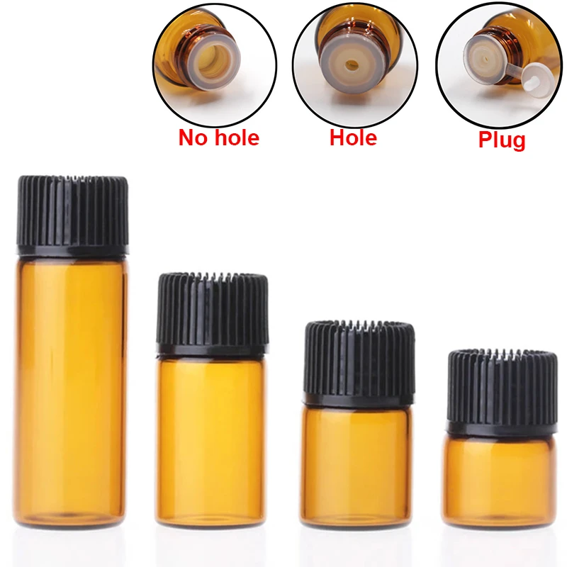 100pcs 1ml 2ml 3ml 5ml Liquid Perfume Sample Amber Glass Bottle with Orifice Reducer and Cap Small Essential Oil Clear Vials