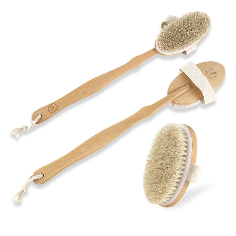 Natural Bristles Back Scrubber Shower Brush With Detachable Long Wooden Handle Dry Skin Exfoliating Body Massage Cleaning Tool