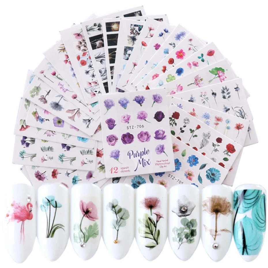 24 Sheets/sets Nail Water Sticker Flower Flamingo Beauty Slider Bloom Colorful Plant Pattern 3D Manicure Sticker TRSTZ683-706-1