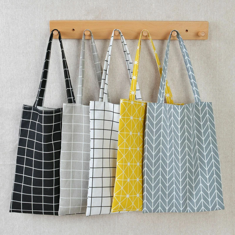 5 Colors Women Casual Plaid Linen Cotton Canvas Shopping Shoulder Bags Eco-friendly Folding Reusable Portable Grocery Tote Bags