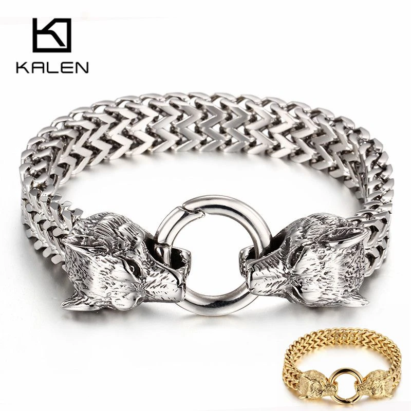 Kalen Rock Viking Wolf Charm Bracelet Men's Stainless Steel 20.5cm 22.5cm Mesh Chain Gold Wolf Punk Bracelets Biker Jewelry