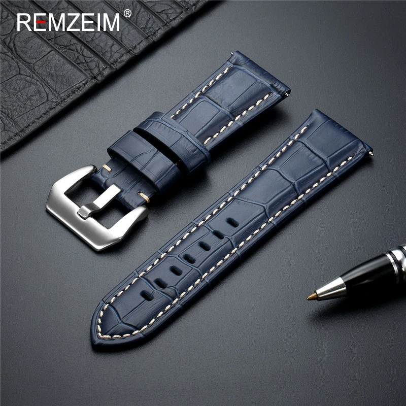 REMZEIM New 20 22 24 26mm Genuine Leather Watch Band Strap Blue watchband Watch Accessories Bracelet with Solid metal Buckle