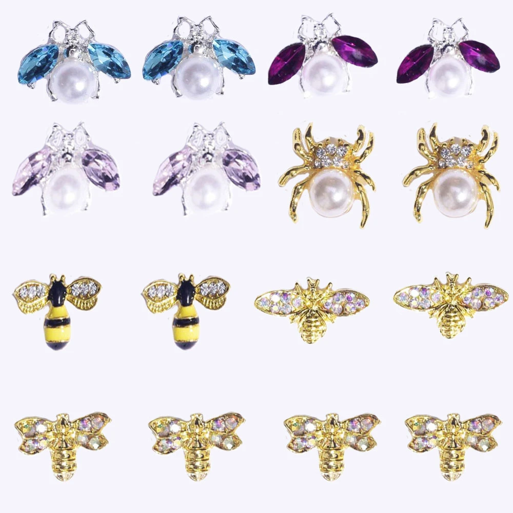 10pcs Gold CZ Spider Charms, 8type Real Gold plated Brass,Spider /Bee rhinestone nail design gold jewelry metal nail art 12x12mm