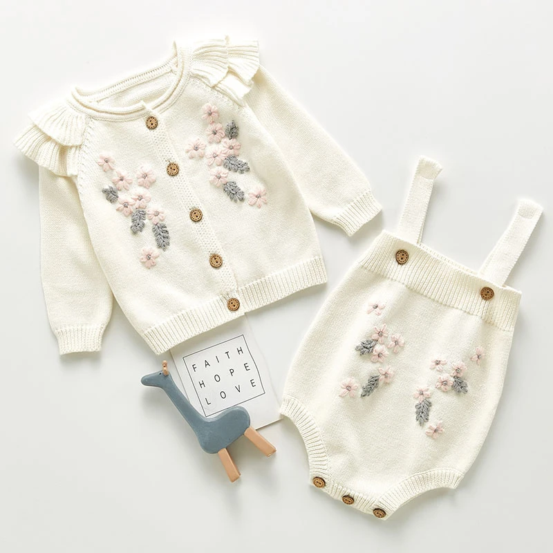 New Spring Autumn Infant Baby Girls Knit Long Sleeve Flower Coat + Braces Rompers Clothing Sets Kids Girl Suit Clothes 0-3Yrs